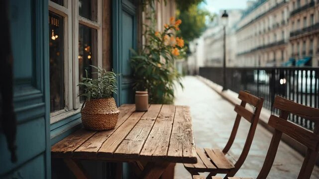 Wooden table with wicker basket, planter and chairs outside of European cafe building on narrow cobblestone street with old buildings