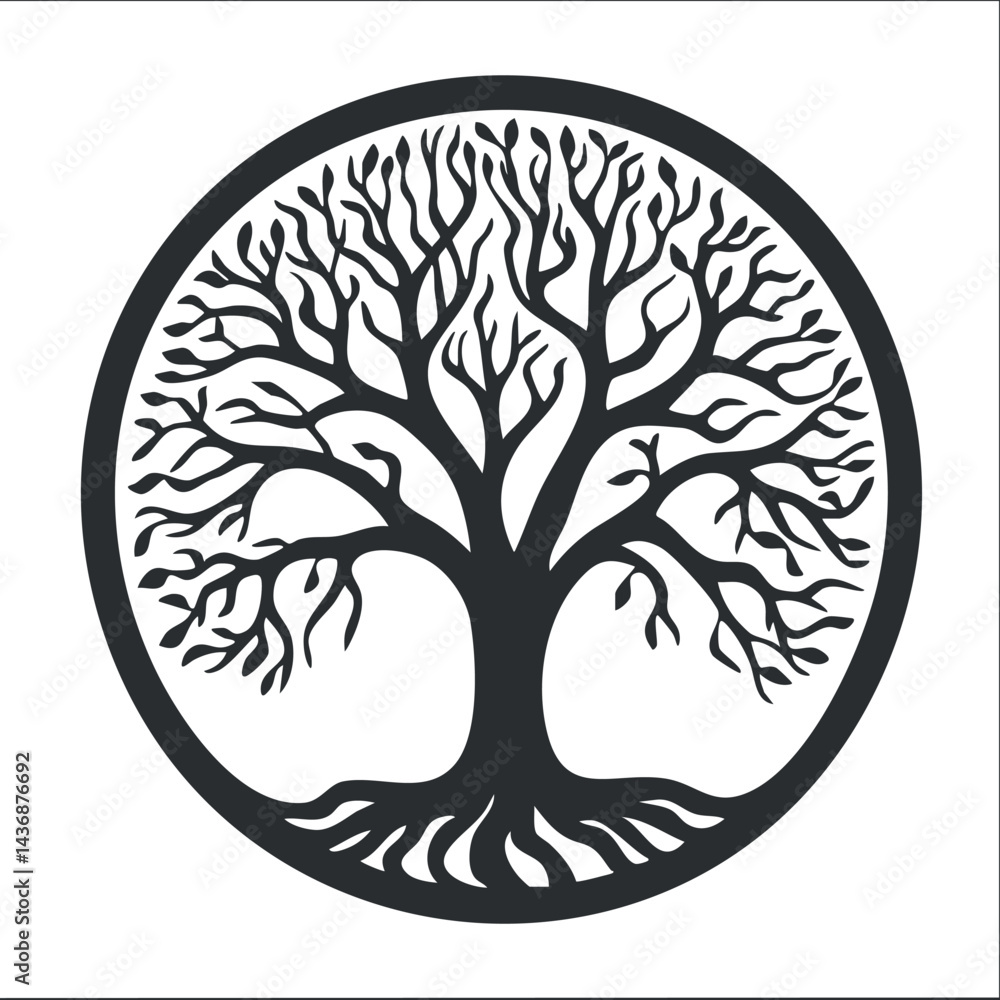 Poster black silhouette of a leafless tree with spreading branches and roots inside a circular frame