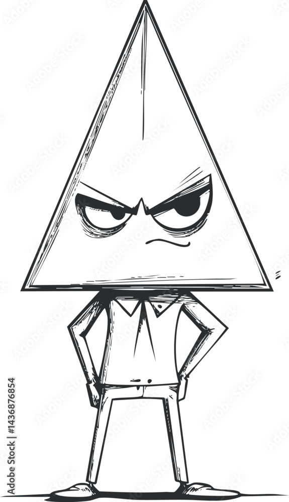 Poster black and white sketch of an angry cartoon character with a triangular head and expressive face