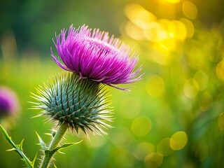 Delicate Purple Thistle Flower in Meadow, Copy Space Left
