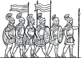 Line drawing of Roman soldiers in armor marching with shields, spears, and flags in formation.