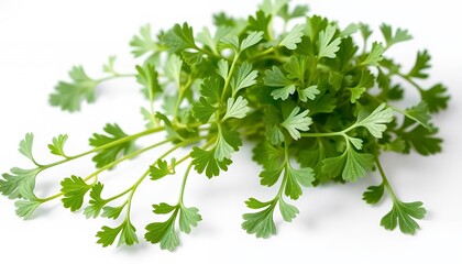 Obraz premium Vibrant Green Chervil Sprigs Isolated on White Screen Background Fresh Culinary Herb with Detailed Leaves for Ads Promotion and Clean Backdrop Food Ingredient Studio Shot