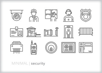 Set of 15 professional security line icons of items and themes for protecting property through monitoring, checkpoints, tech, and on-site staffing