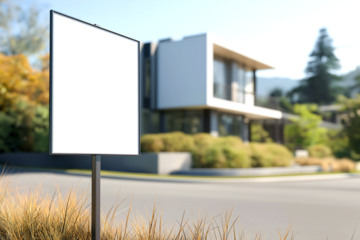 Front view of a white, blank sign on a pole in a front yard with a modern house in the background.