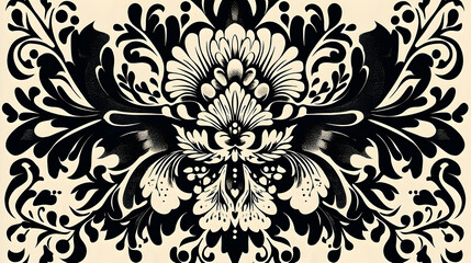 Fototapeta premium Ornate, symmetrical floral design in black and cream tones.