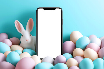 A cute white rabbit sitting next to an Phone with a blank screen, surrounded by colorful Easter eggs on a pastel background