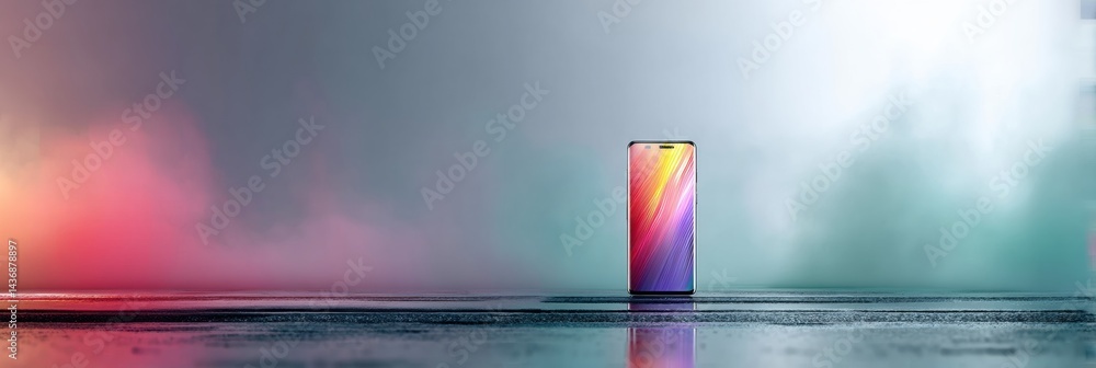 Aufkleber floating smartphone surrounded by colorful gradient fog creates a dreamy aesthetic atmosphere
