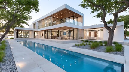 Fototapeta premium Modern Luxury Waterfront Home with Infinity Pool and Expansive Glass Windows
