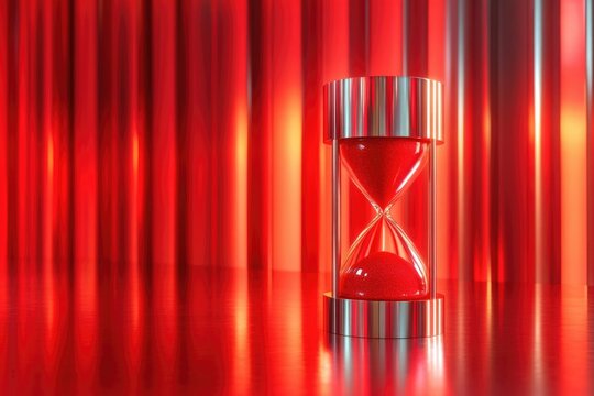 A red hourglass sits on a reflective surface against a red curtain backdrop, symbolizing the passage of time.