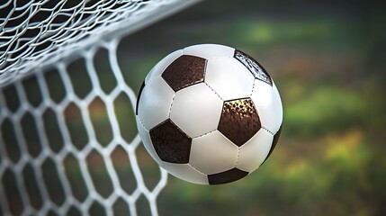 Detailed view of a football successfully entering the white goal net against a blurred green background signifying victory and success