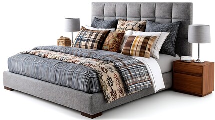 Modern Upholstered Bed with Plaid and Patterned Bedding Nightstands and Lamps