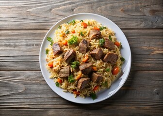 Delicious Top View Meat Pilaf on White Plate - Stock Photo