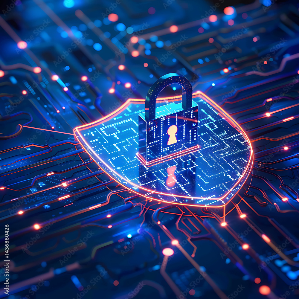 Poster glowing digital padlock icon on a shield symbol over a circuit board background. cybersecurity, data