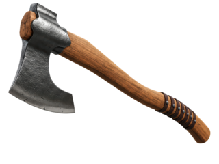 Studio image of a medieval battle axe with broad iron head and wooden handle reinforced with rivets, side profile, isolated on transparent background ,PNG.