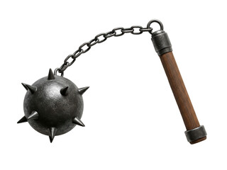 Studio photo of a medieval morning star flail with iron spiked ball, long chain and dark wooden handle, side view, centered on transparent background ,PNG.