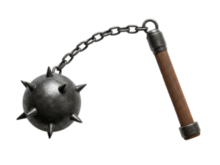 Studio photo of a medieval morning star flail with iron spiked ball, long chain and dark wooden handle, side view, centered on transparent background ,PNG.