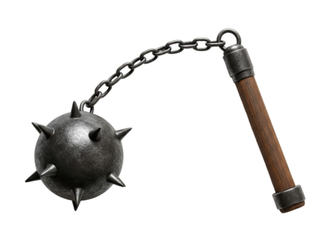 Studio photo of a medieval morning star flail with iron spiked ball, long chain and dark wooden handle, side view, centered on transparent background ,PNG.