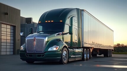 Modern green semi-truck parked outside warehouse