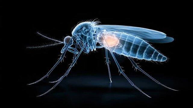A detailed x-ray-like image of a mosquito showcasing its internal anatomy.