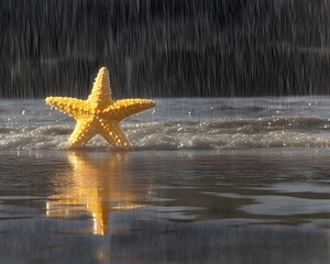 Solitary yellow starfish glistening in the heavy rain on a sandy beach with gentle waves and a clear reflection