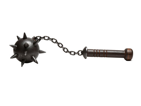 Studio photo of a medieval morning star flail with iron spiked ball, short chain and dark wooden handle, side view, centered on transparent background ,PNG.