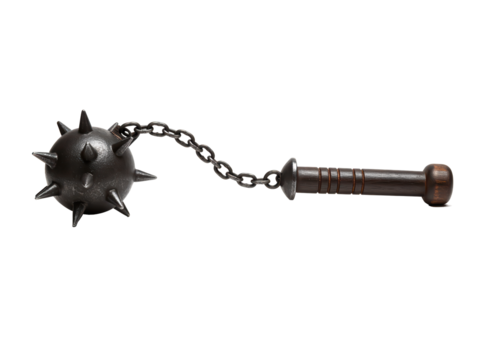 Studio photo of a medieval morning star flail with iron spiked ball, short chain and dark wooden handle, side view, centered on transparent background ,PNG.