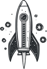 Black and white illustration of a rocket ship launching into space surrounded by stars and planets