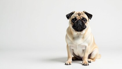 Obraz premium Adorable pug dog sits alone against white backdrop , portrait, companion