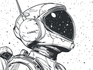 Black and white illustration of an astronaut in a detailed spacesuit helmet with a starry space background © vadymstock