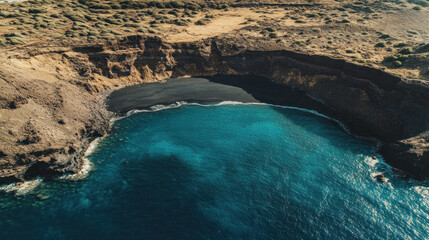 Obraz premium Black Sand Beach Cove: Aerial view captures the striking contrast between the black sands of a hidden cove and the sparkling turquoise ocean, revealing the raw beauty of nature.
