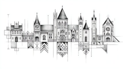 Obraz premium Architectural Sketch Monochrome Cityscape of Historic Buildings Gothic Medieval Styles