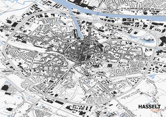 Close-up black and white map of Hasselt, Belgium, featuring detailed highways, buildings, and waterways in a minimalist style