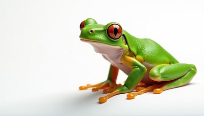 Naklejka premium Green tree frog, perched on white, vibrant color , fauna, green frog