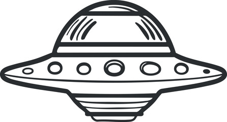 Black and white line drawing of a classic UFO flying saucer with circular windows and dome top