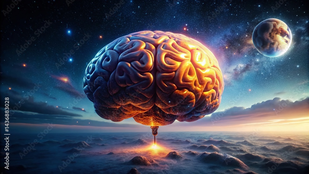 Poster drone view of illuminated human brain model in dark environment - abstract neurological concept