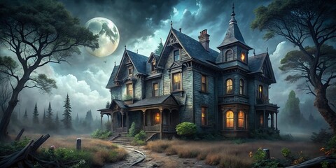Fototapeta premium Drone View of Creepy Abandoned House at Dusk - Spooky Halloween Mansion