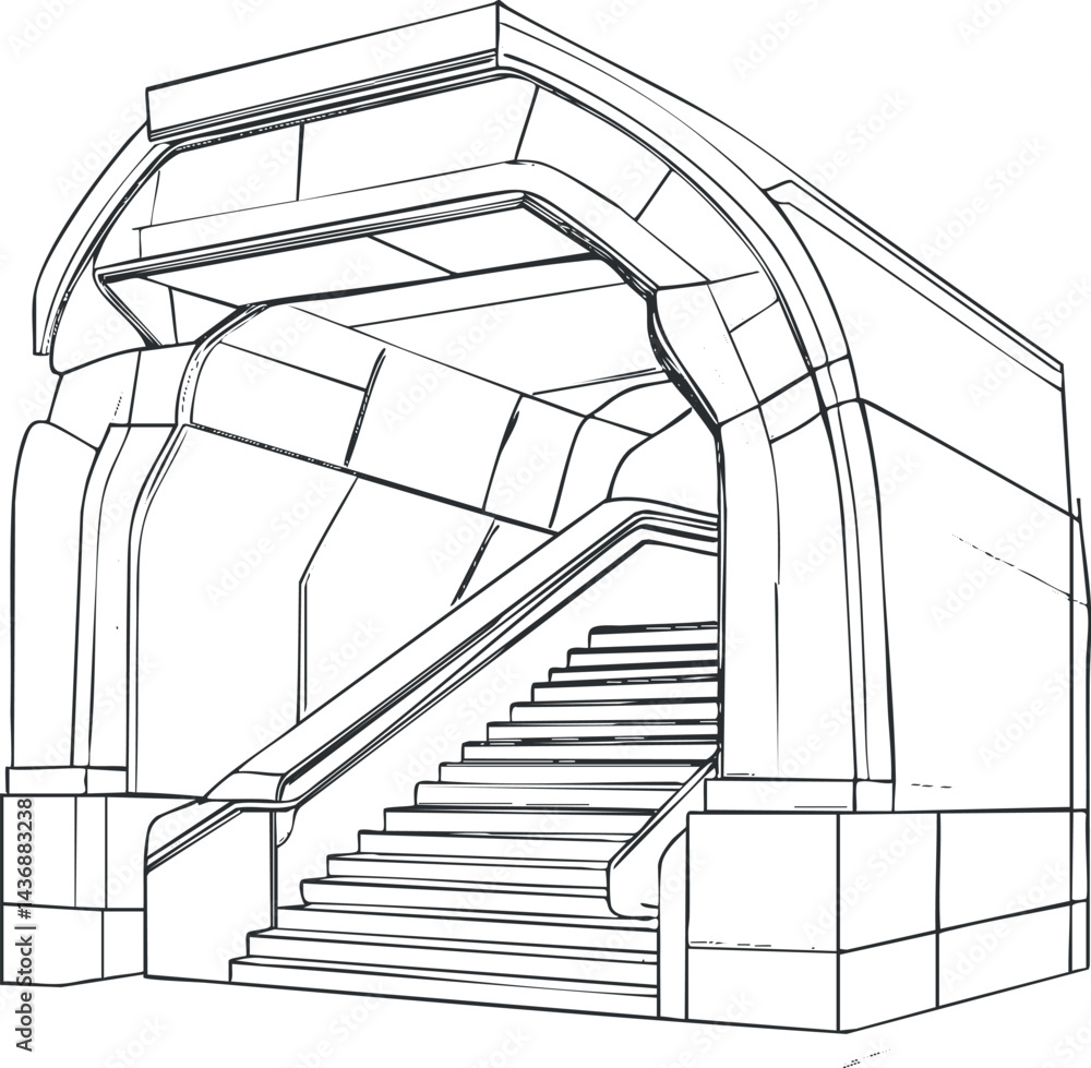 Poster illustration of a modern architectural staircase with handrails and geometric design inside a buildi