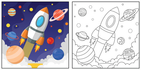 Rocket cartoon line art for kids coloring page book vector illustration