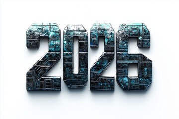Stylized render of the year 2026 displayed in metallic and futuristic design