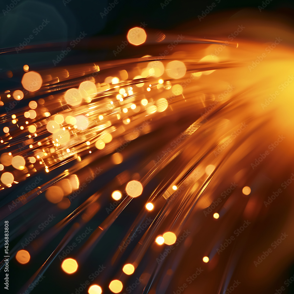 Poster close-up macro view of glowing orange and yellow fiber optic strand ends with bokeh lights. high-spe