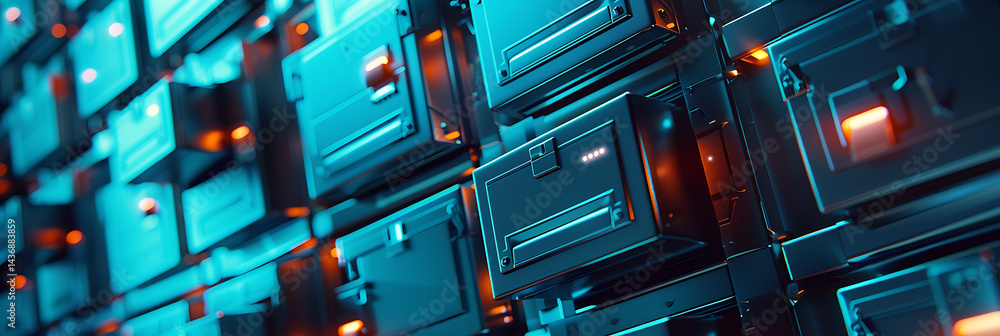 Poster abstract futuristic background perspective view of glowing teal and orange tech boxes or modules arr