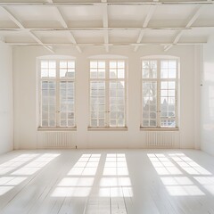 Obraz premium Bright, empty white room with large windows casting long shadows on the wooden floor. Minimalist interior space, loft apartment, or studio concept. 