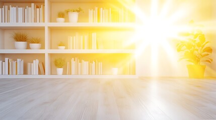 Bright study interior with bookshelves and sunlight