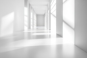 Empty white hallway with sunlight streaming in