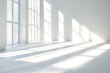 Fototapeta premium Empty, sunlit white room with large windows