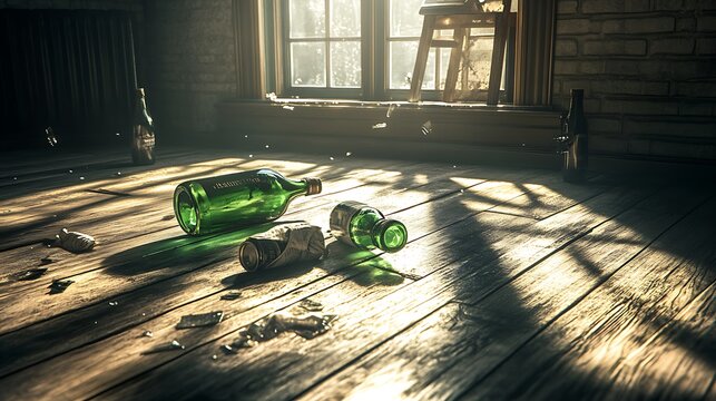 Broken glass bottles on wooden floor