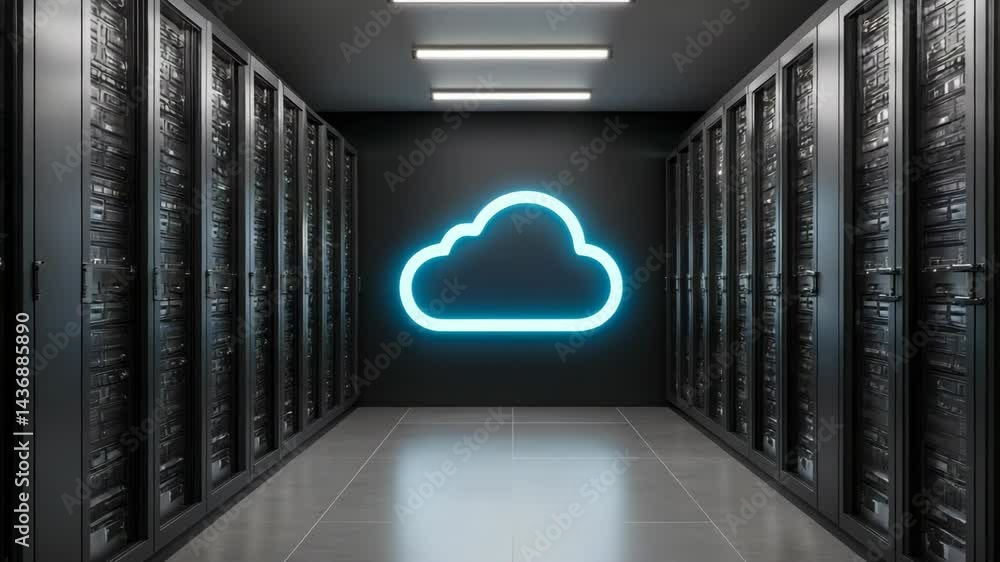 Poster data center corridor with server racks and a glowing cloud neon sign on the wall, illuminating data 