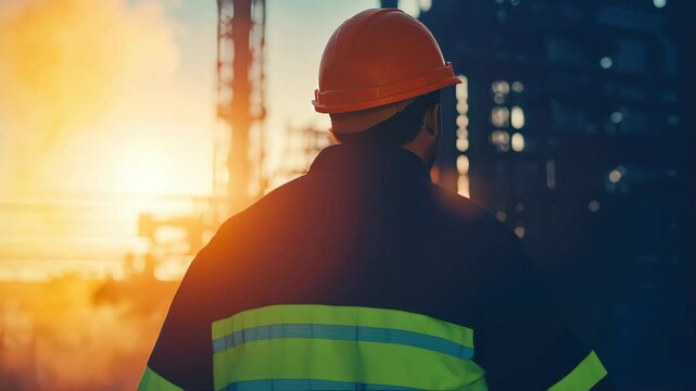 Silhouette of a Worker at Sunset in Industrial Environment
