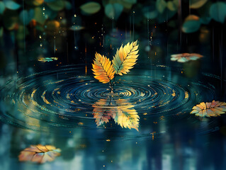 Autumn leaves fall into a dark pool of water creating concentric ripples  Rain falls softly