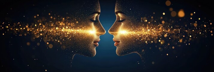 Fototapeta premium Golden Particle Faces: Connection and Energy in Abstract Art